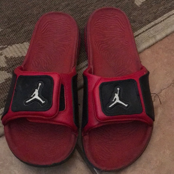 jordan sandals red and black